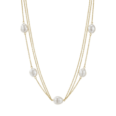 Collar triple cadena con perlas naturales plata de ley y baño de oro 18K