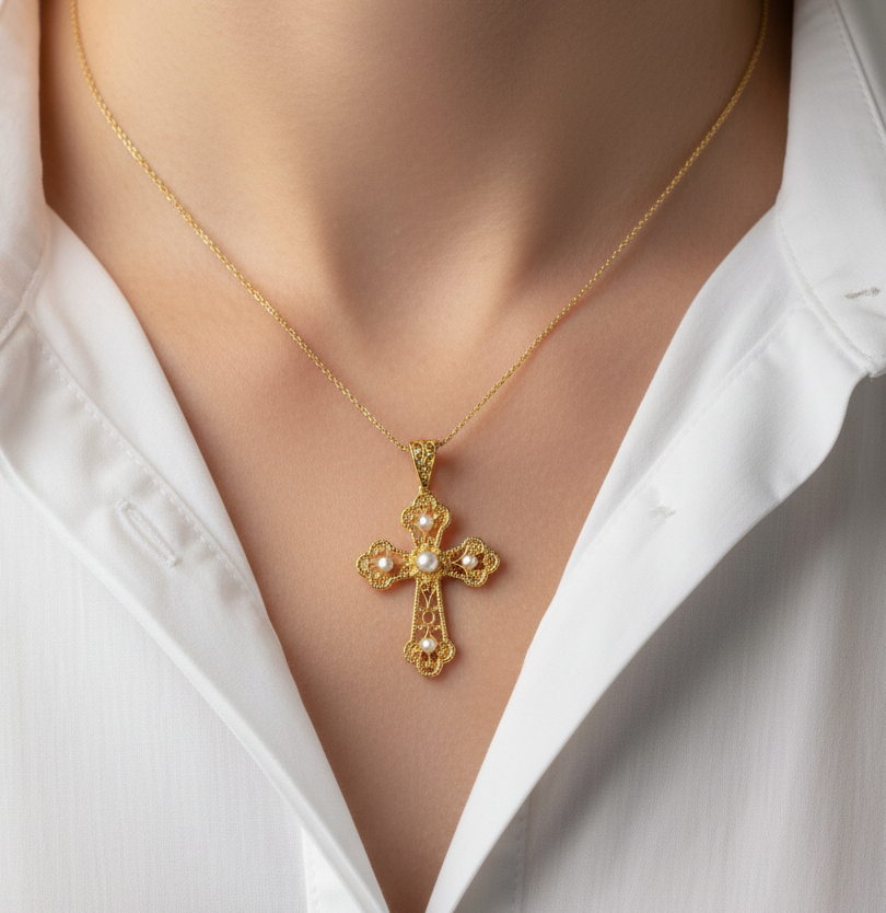 Cruz de filigrana con perlas naturales en plata de ley 925 bañada en oro de 18K lucida por una modelo, joya simbólica de Bendita Eva.