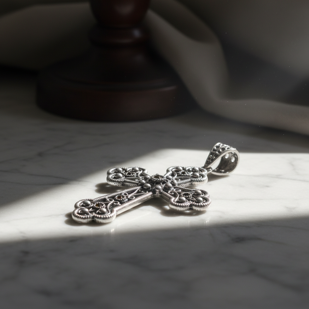 Esta cruz artesanal fabricada en España está elaborada en plata de ley 925 , fligrana con piedras naturales Marquesitas de Bendita Eva