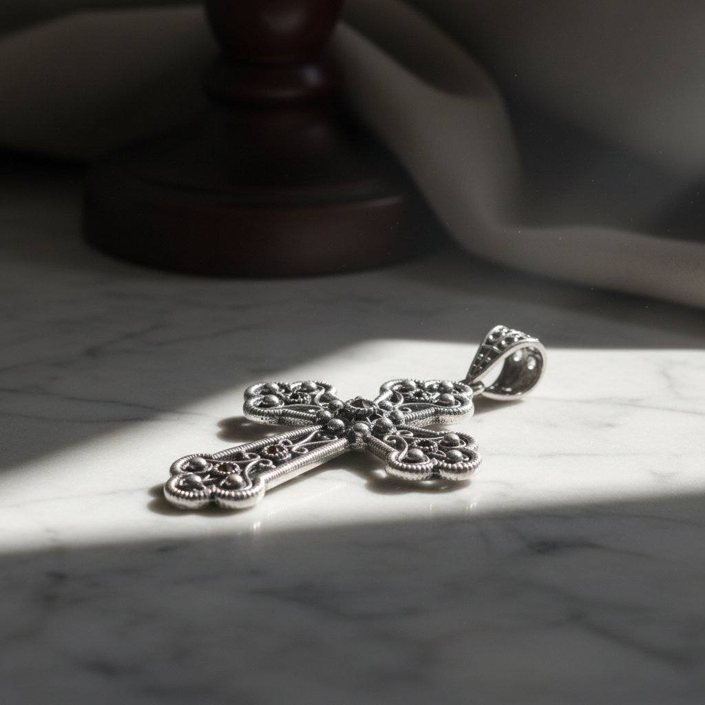 Esta cruz artesanal fabricada en España está elaborada en plata de ley 925 , fligrana con piedras naturales Marquesitas de Bendita Eva