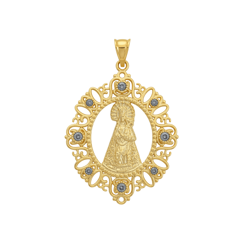Medalla Virgen de los Desamparados de Bendita Eva en plata de ley bañada en oro 18K con filigrana y piedras naturales Marquesitas. Medidas 35x30 mm + 10 mm arandela, diseño artesanal que aporta protección, energía positiva y belleza atemporal.
