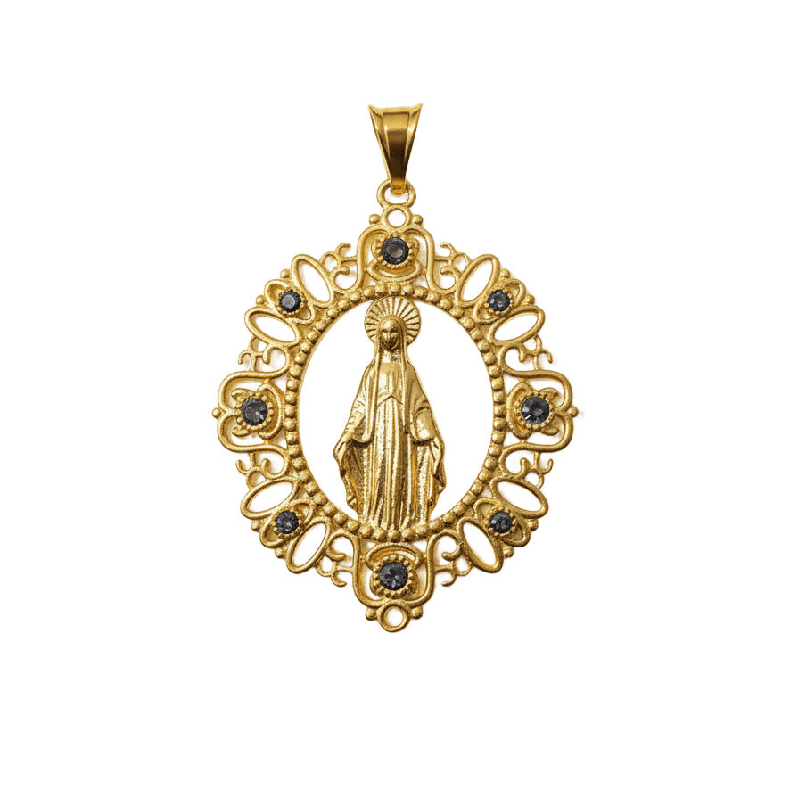 Medalla Virgen Milagrosa de Bendita Eva en plata de ley bañada en oro 18K con filigrana y piedras naturales Marquesitas. Medidas 35x30 mm + 10 mm arandela, amuleto artesanal que simboliza protección, energía positiva y estilo atemporal.