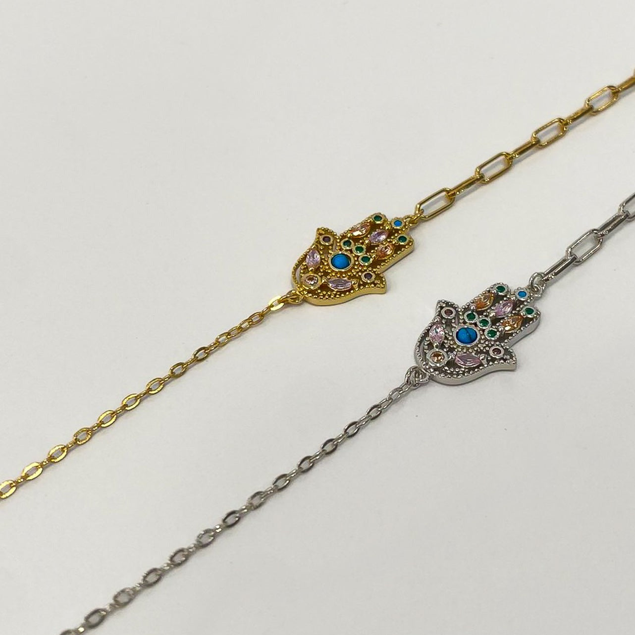 pulsera mano de fatima con circonitas y oro de 18k - Bendita Eva