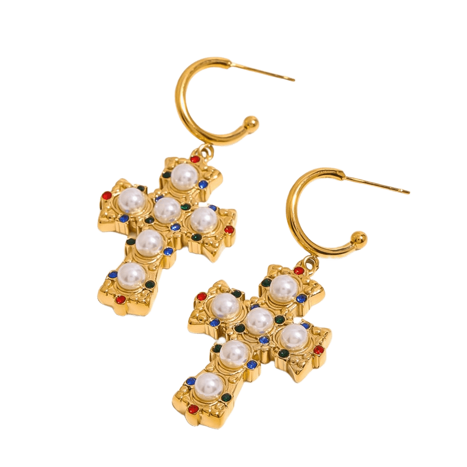 Pendientes cruz XL con perlas y circonitas multicolor de Bendita Eva, detalle del diseño chunky en acero bañado en oro de 18K.