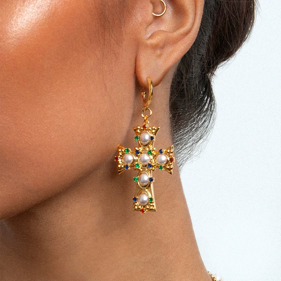  Pendientes de cruz con perlas y circonitas de colores de Bendita Eva 