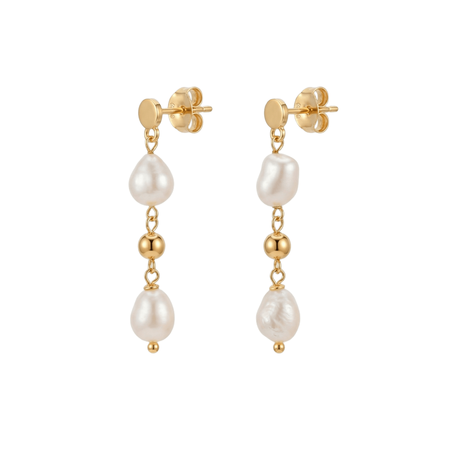 Pendientes de 30 mm con dos perlas naturales cada uno, plata de ley bañada en oro 18K, diseño artesanal español atemporal y elegante de Bendita Eva
