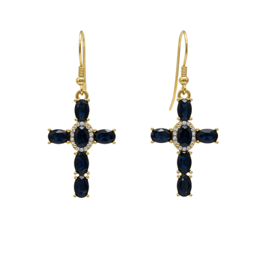  pendientes de acero y baño de oro de 18K en forma de cruz con circonitas negras de Bendita Eva