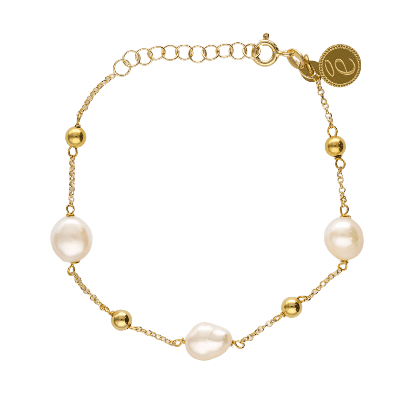 Pulsera Grace de Bendita Eva, minimalista con perlas naturales y bolitas doradas, elegante y versátil para cualquier ocasión.