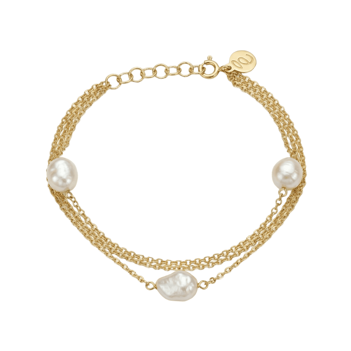 Pulsera triple cadena con tres perlas naturales, plata de ley bañada en oro 18K, diseño artesanal español delicado y elegante de Bendita Eva
