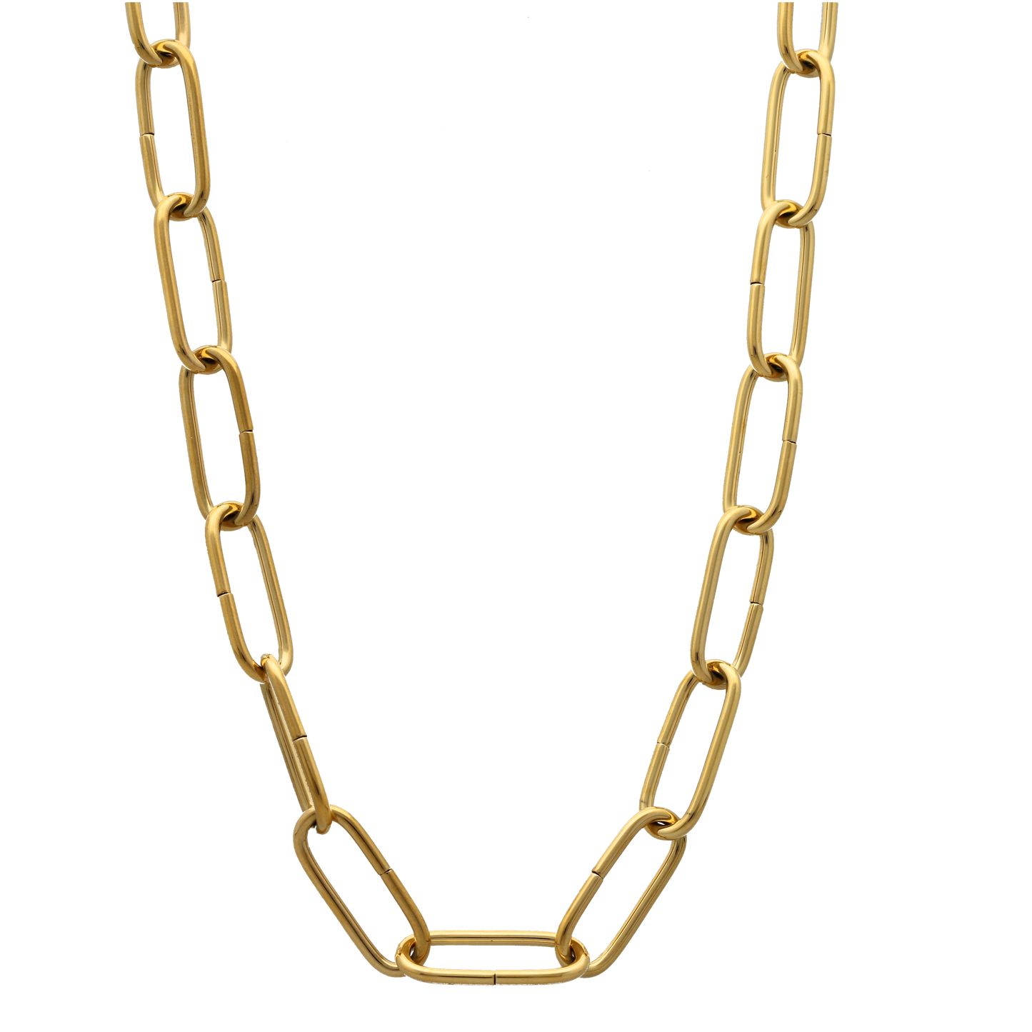 El collar de eslabones sencillos Basic y alargados es una joya especial, sencilla y versátil. La cadena eslabón está fabricada con materiales de alta calidad y bañada en oro de 18 kt , sus eslabones miden 7mm x 18 mm y su cierre ajustable de 60 cm.