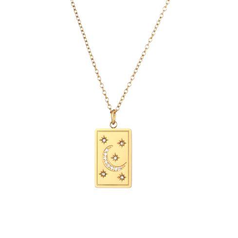 Colgante medalla con Luna y estrellas de circonitas blancas de acero inoxidable y bañado en oro de 18K- Bendita Eva