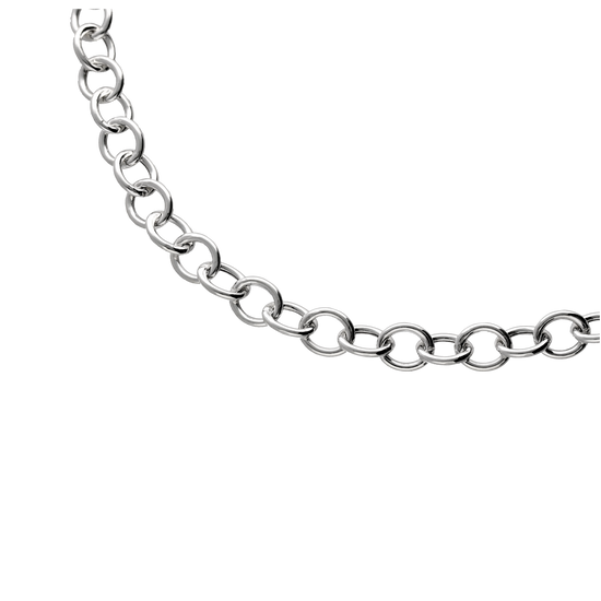 Cadena de eslabones redondos disponible en un largo de cadena de 45 o de 60 centímetros. Todas las cadenas de eslabón redondo están completamente fabricadas en Plata de Ley 925.