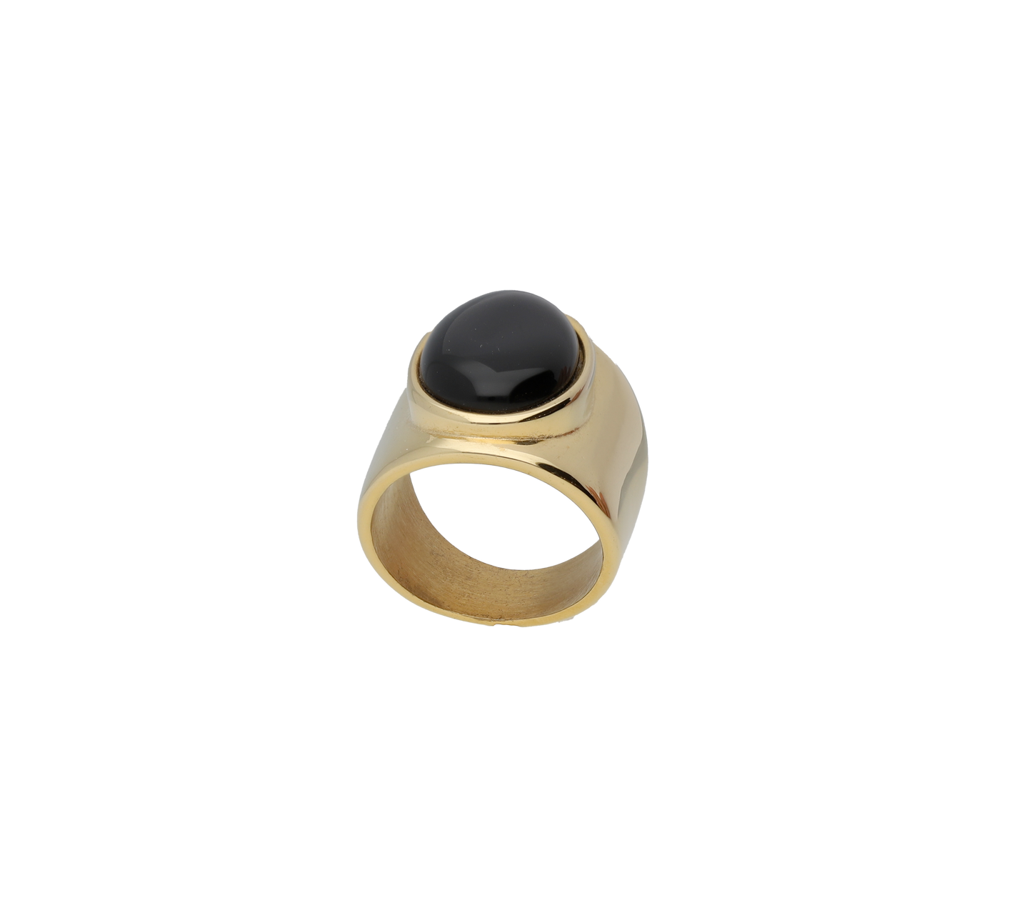 El anillo Onix tiene una piedra natural ónix ovalada de 16 mm en el centro de la joya. El anillo Onix está fabricado con materiales de alta calidad y bañado en oro de 18 kt. Joya Waterproof